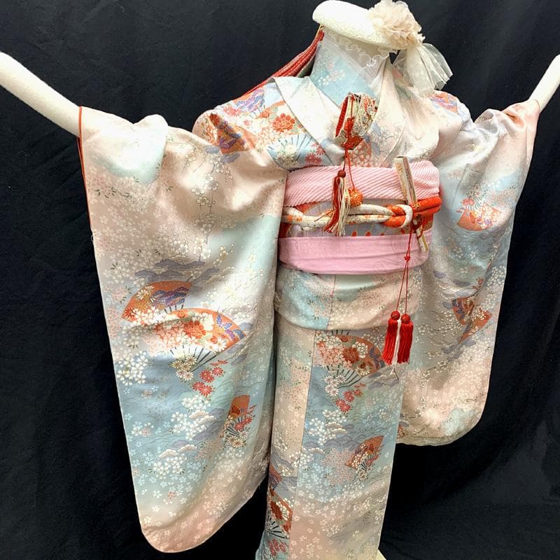 504ag18,お小物類□七五三 七歳 女児 着物&袋帯 桜 梅 松 扇□