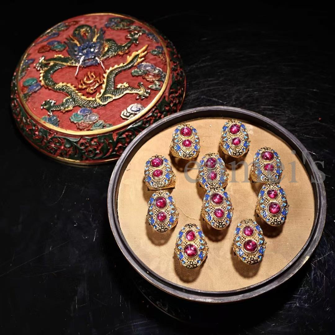 中国古美術・清代宮廷風 花絲鎏金×景泰藍 星光宝石リング 10個セット・圆箱付