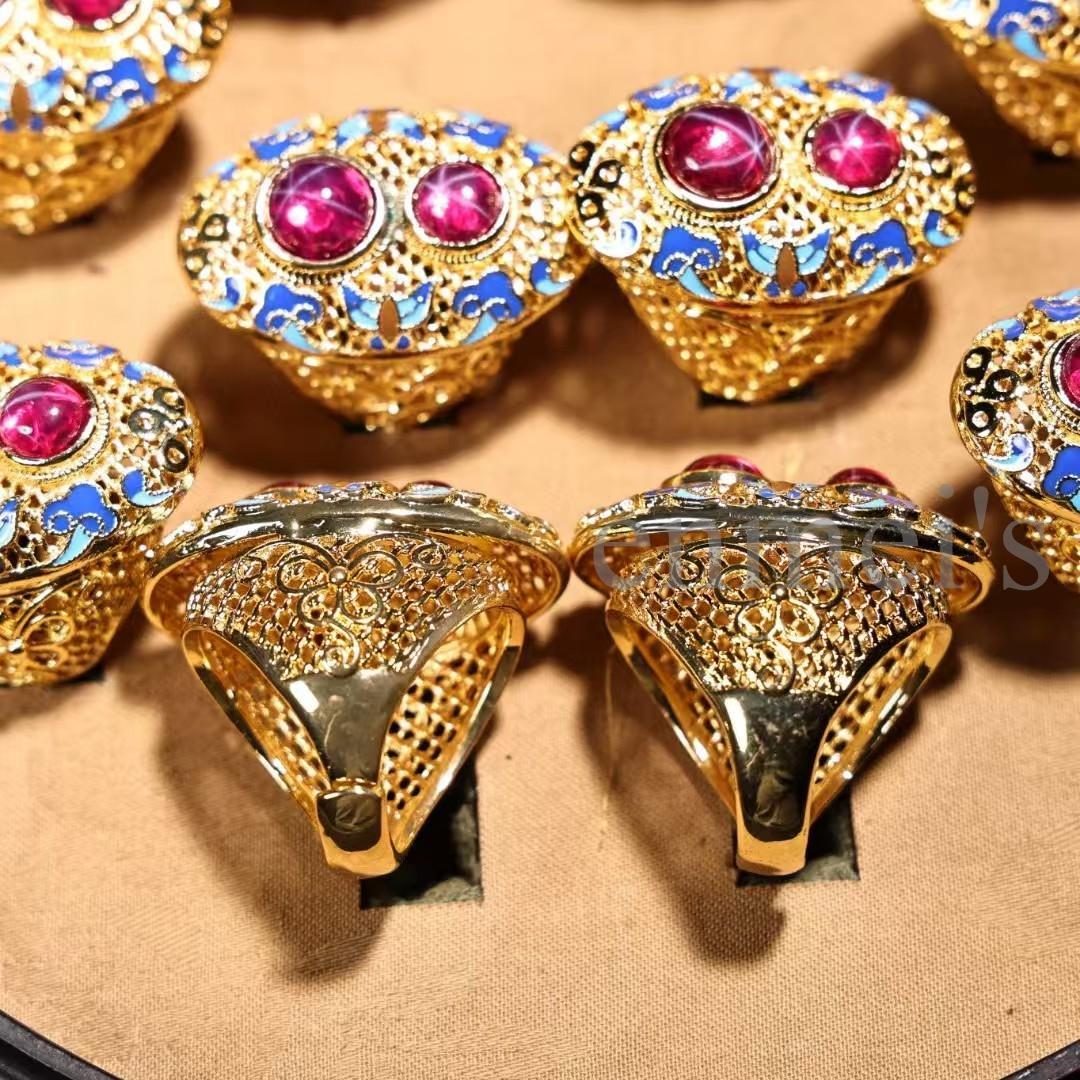 中国古美術・清代宮廷風 花絲鎏金×景泰藍 星光宝石リング 10個セット・圆箱付