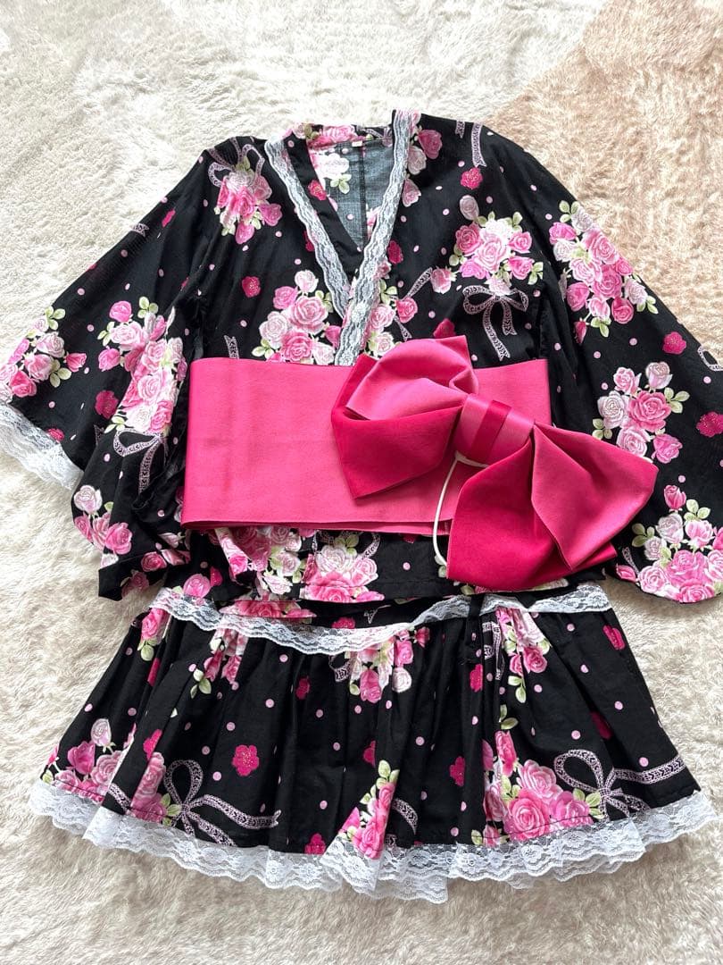 浴衣ドレス　160　地雷系　量産型　y2k　平成　姫系　ギャル　黒　ピンク　帯