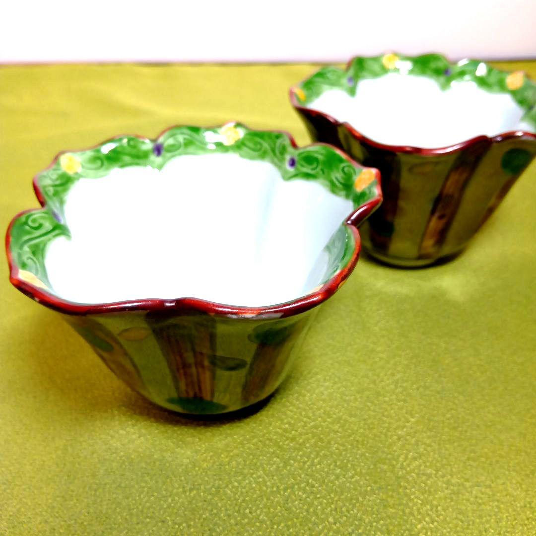 骨董 小鉢 花型 輪花 銀 グリーン 皿 レア ボウル 2枚