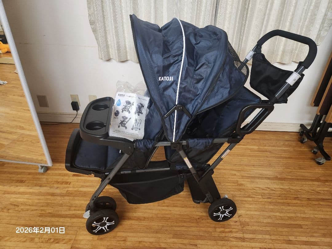 カトージ（KATOJI）の二人乗りベビーカー+付属の未使用レインカバー付き！！