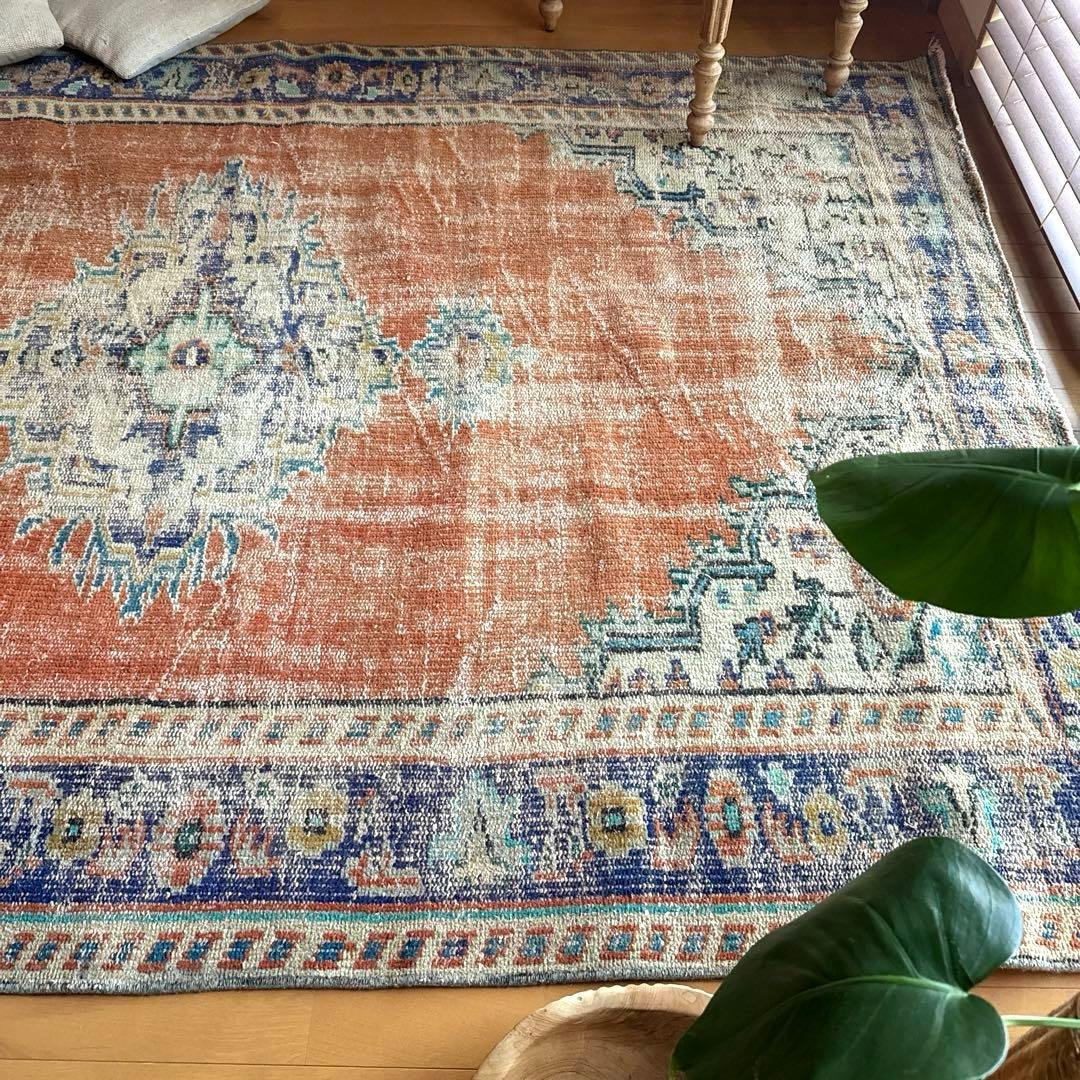大判162×227 夕焼けオレンジ　貴重　メダリオン　トルコヴィンテージラグ