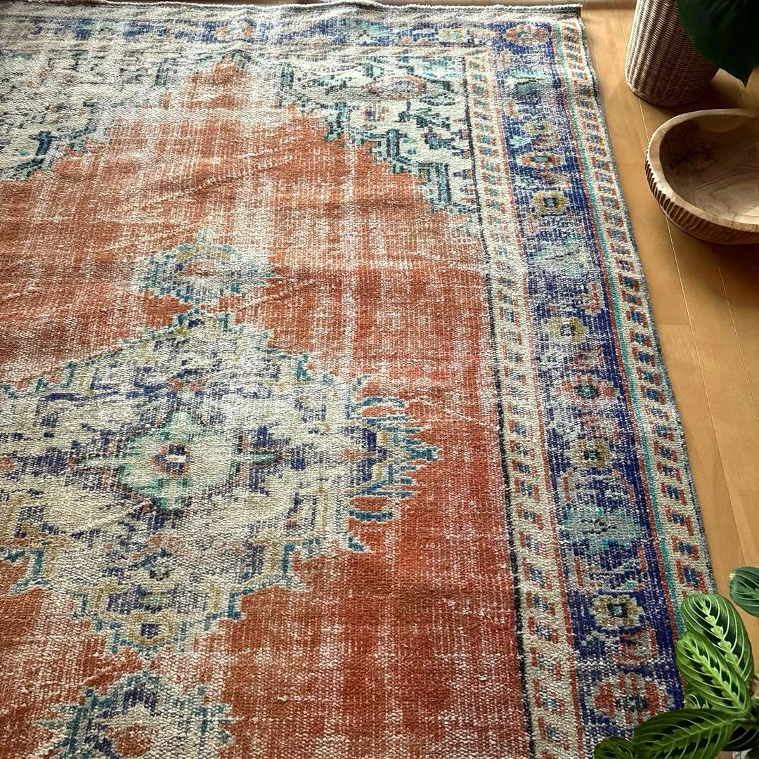 大判162×227 夕焼けオレンジ　貴重　メダリオン　トルコヴィンテージラグ