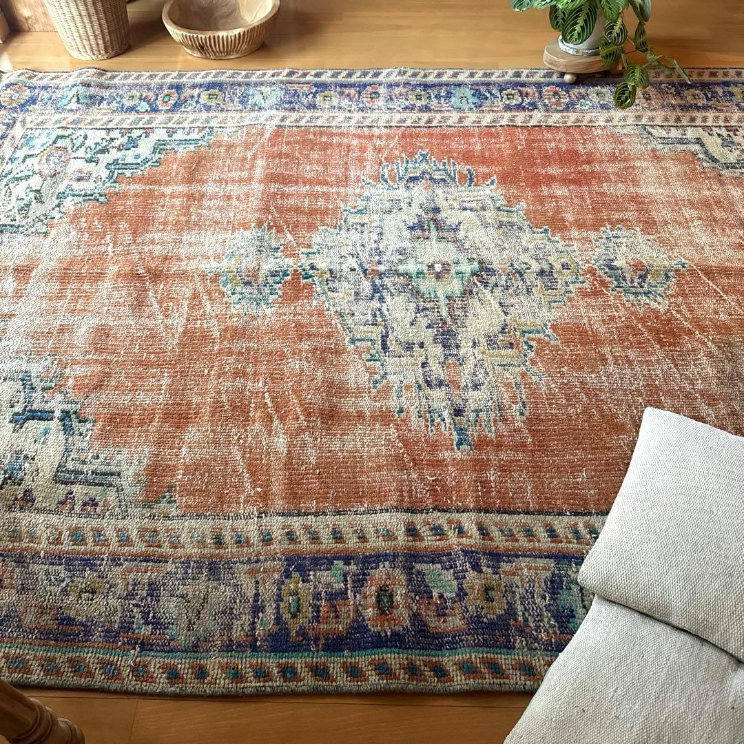 大判162×227 夕焼けオレンジ　貴重　メダリオン　トルコヴィンテージラグ