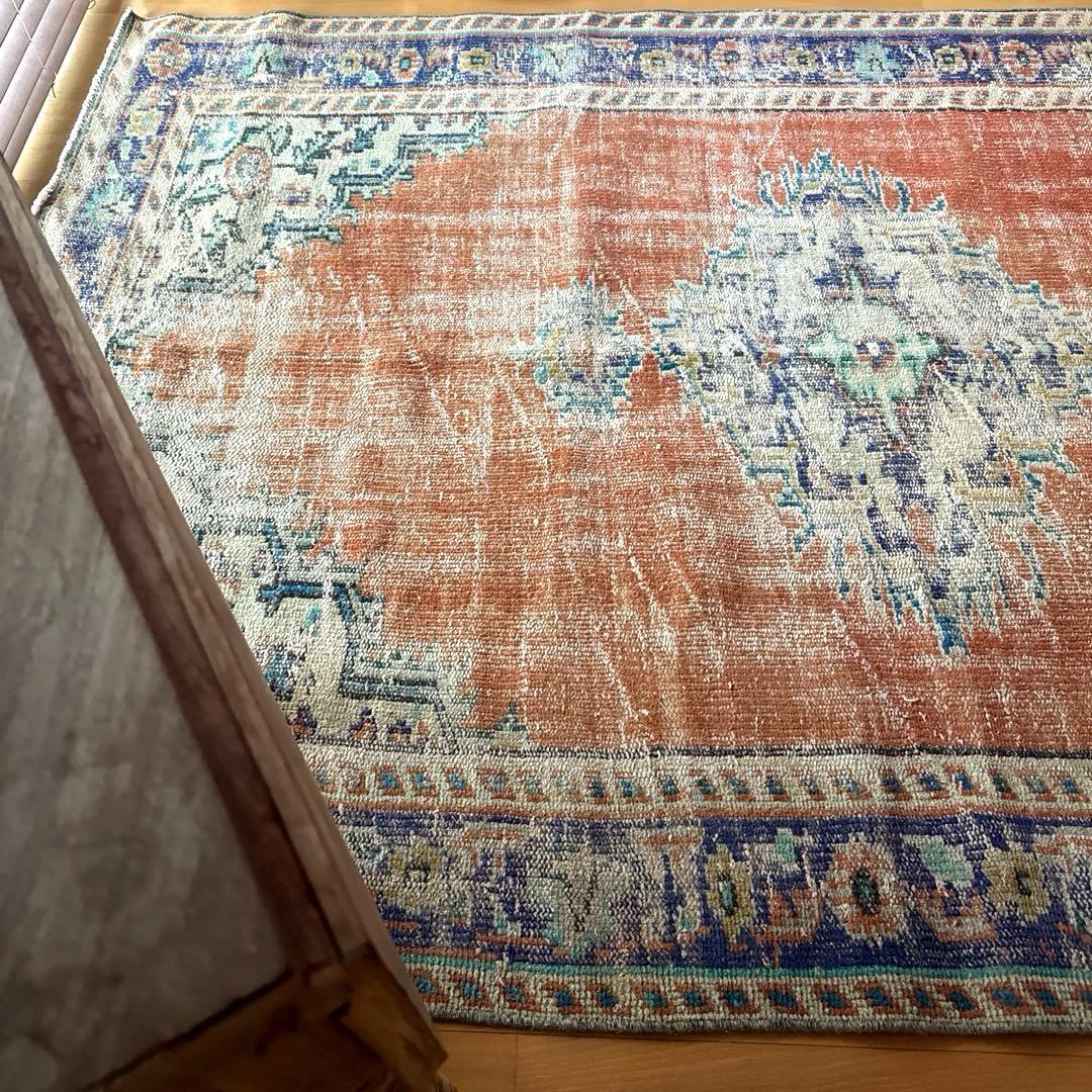 大判162×227 夕焼けオレンジ　貴重　メダリオン　トルコヴィンテージラグ
