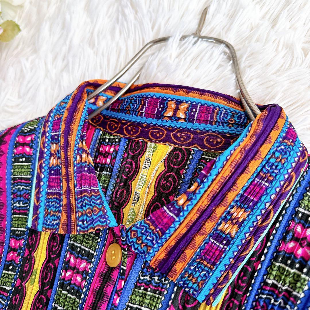 美品　日本製　プリーツプリーズ　半袖シャツ　ブラウス　マルチカラー　y2k 3