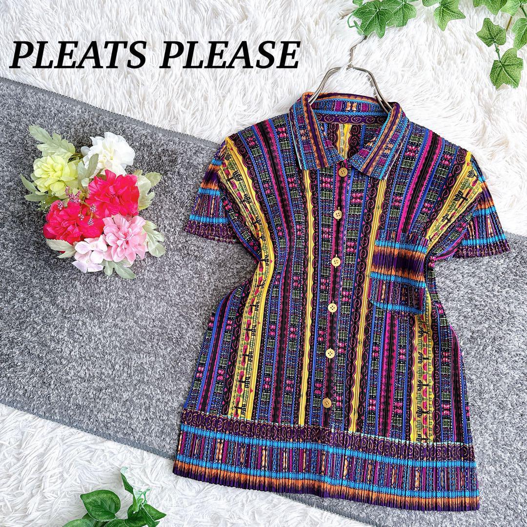 美品　日本製　プリーツプリーズ　半袖シャツ　ブラウス　マルチカラー　y2k 3