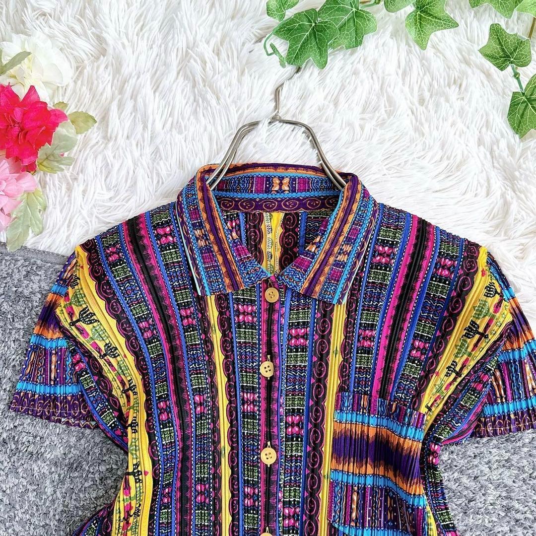 美品　日本製　プリーツプリーズ　半袖シャツ　ブラウス　マルチカラー　y2k 3