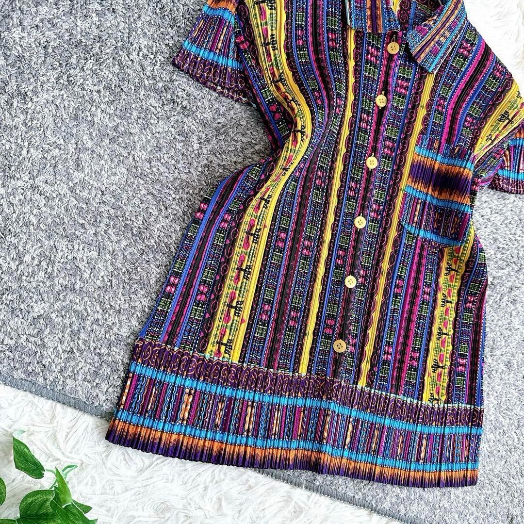 美品　日本製　プリーツプリーズ　半袖シャツ　ブラウス　マルチカラー　y2k 3