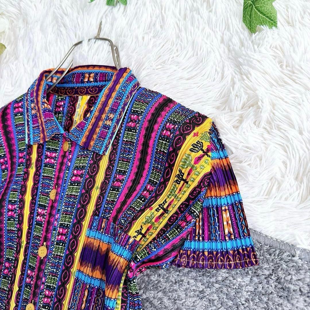 美品　日本製　プリーツプリーズ　半袖シャツ　ブラウス　マルチカラー　y2k 3