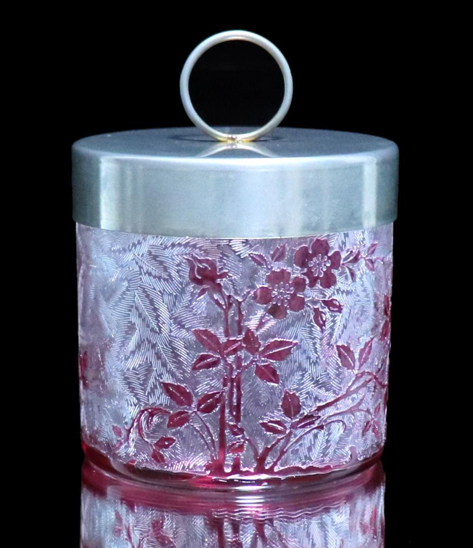 オールド・バカラ 桃色被せガラス 野薔薇 蓋物 ボンボニエール エグランチエ