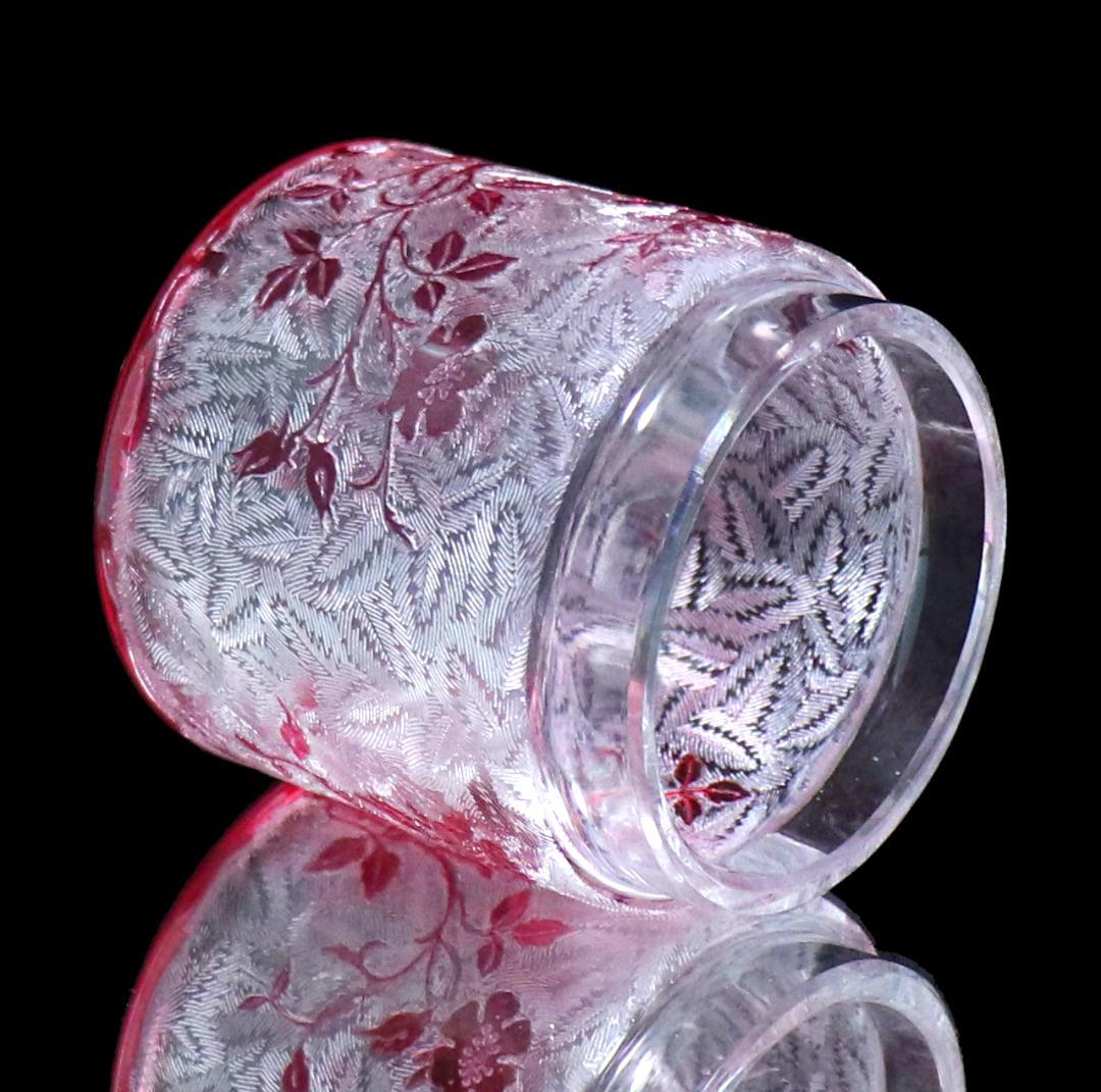 オールド・バカラ 桃色被せガラス 野薔薇 蓋物 ボンボニエール エグランチエ