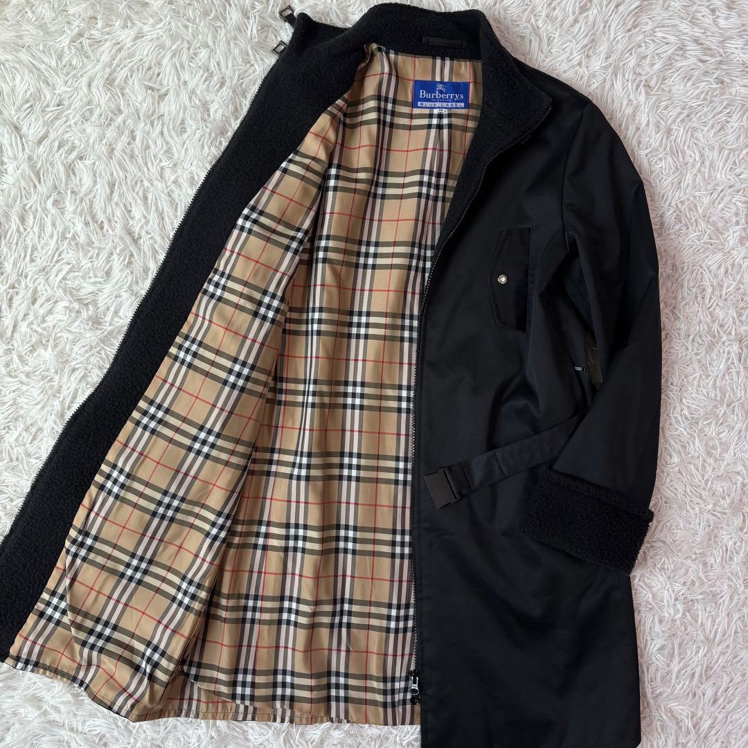 バーバリーブルーレーベル ロングコート ノバチェック ボア ダブルジップ ベルト