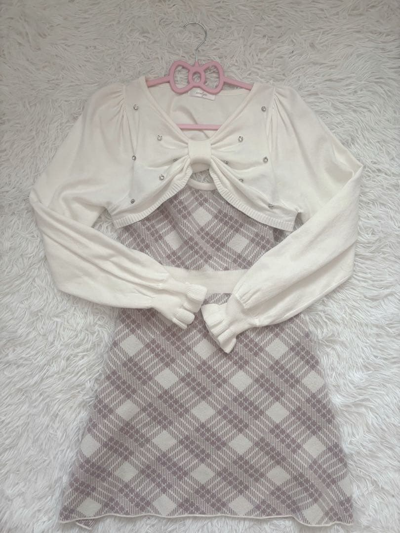 evelyn 長袖チェックリボンニット ピンク