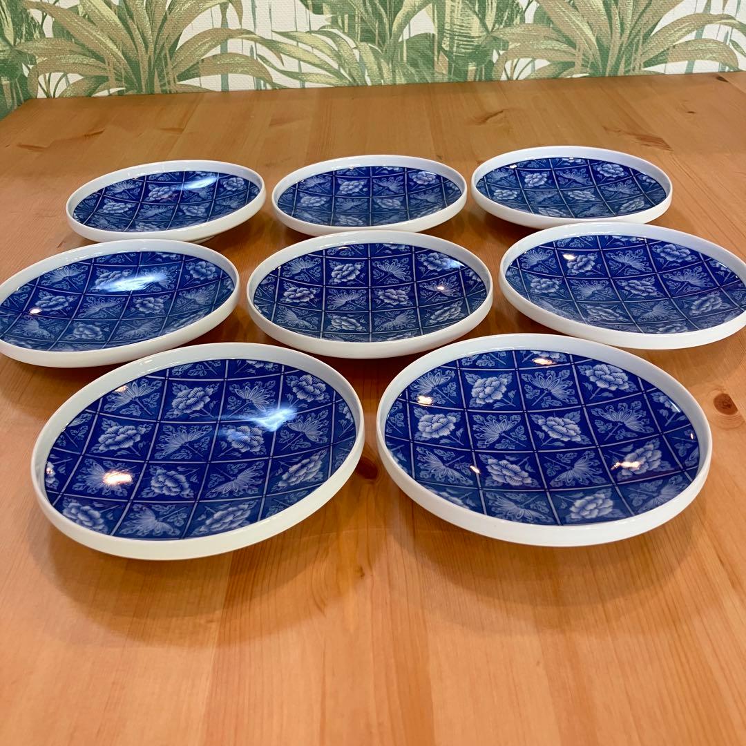 A2G30■オールド香蘭社 染付格子菊牡丹絵 丸皿8枚 取り皿 銘々皿