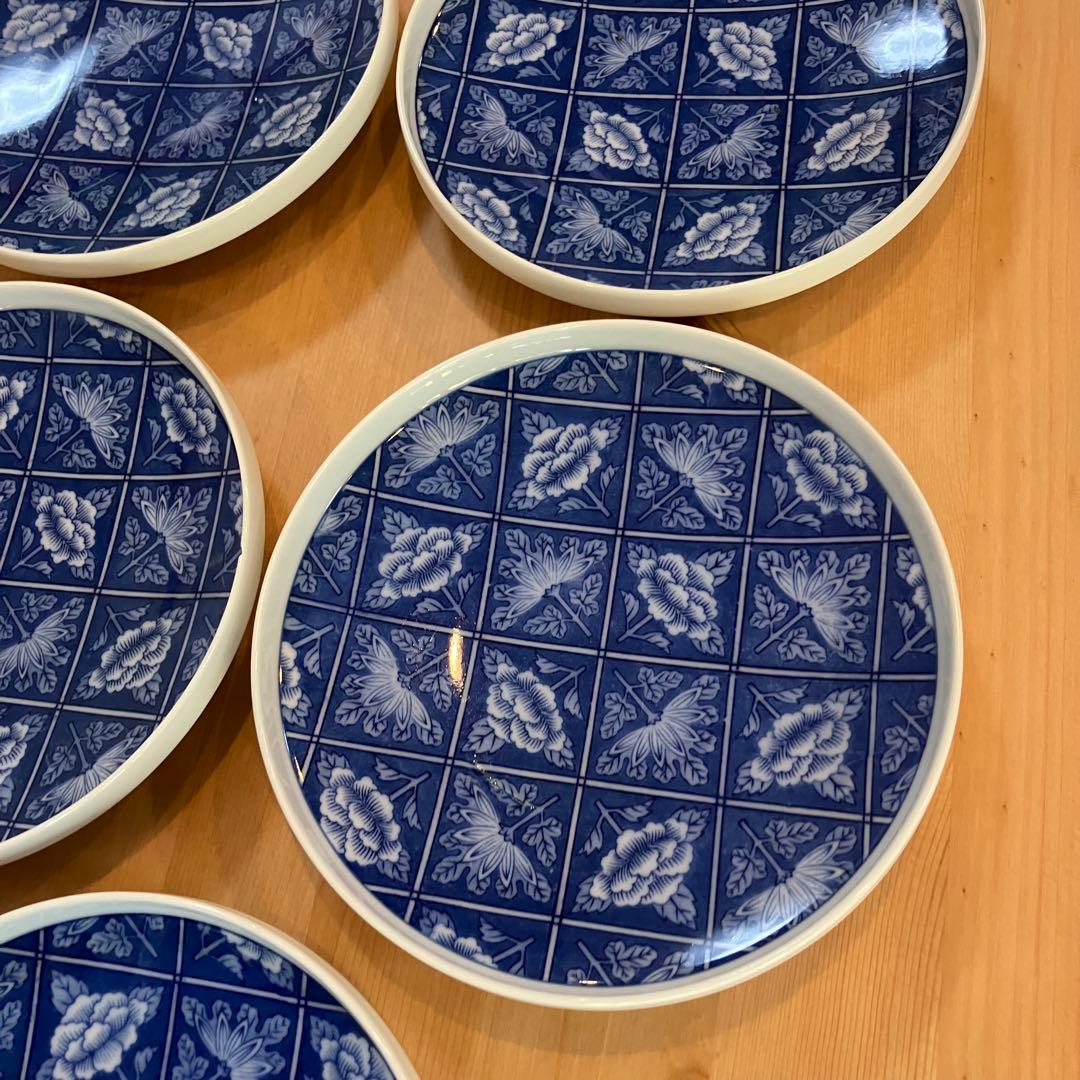 A2G30■オールド香蘭社 染付格子菊牡丹絵 丸皿8枚 取り皿 銘々皿