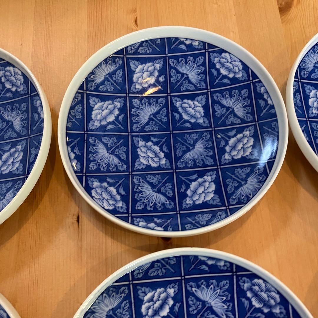 A2G30■オールド香蘭社 染付格子菊牡丹絵 丸皿8枚 取り皿 銘々皿