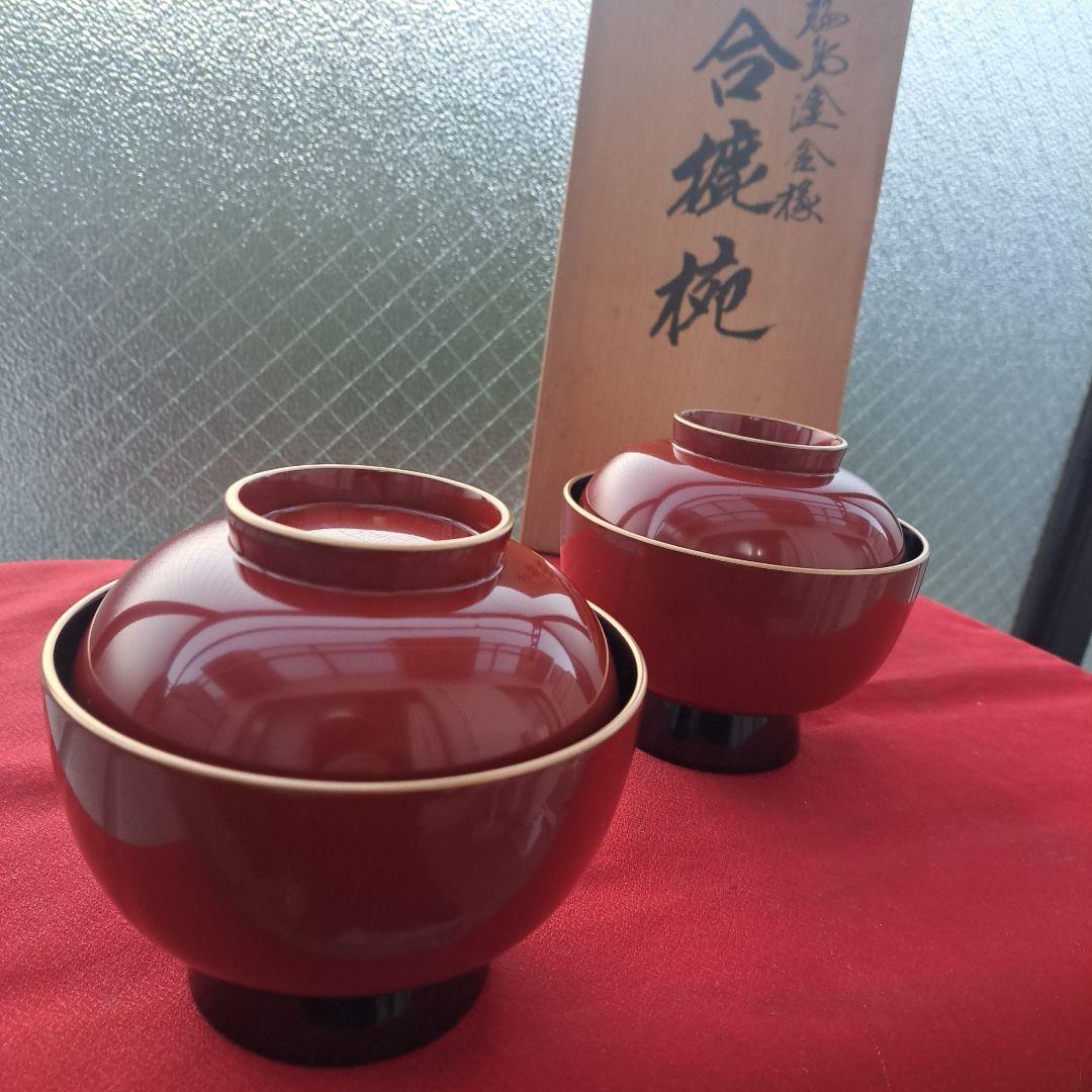 【輪島塗　金淵　合鹿椀×2客】布着本堅地　路幸作　未使用