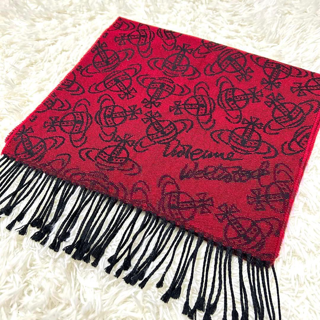 ヴィヴィアンウエストウッド　フリンジマフラー　オーブ総柄　レッド×ブラック　希少