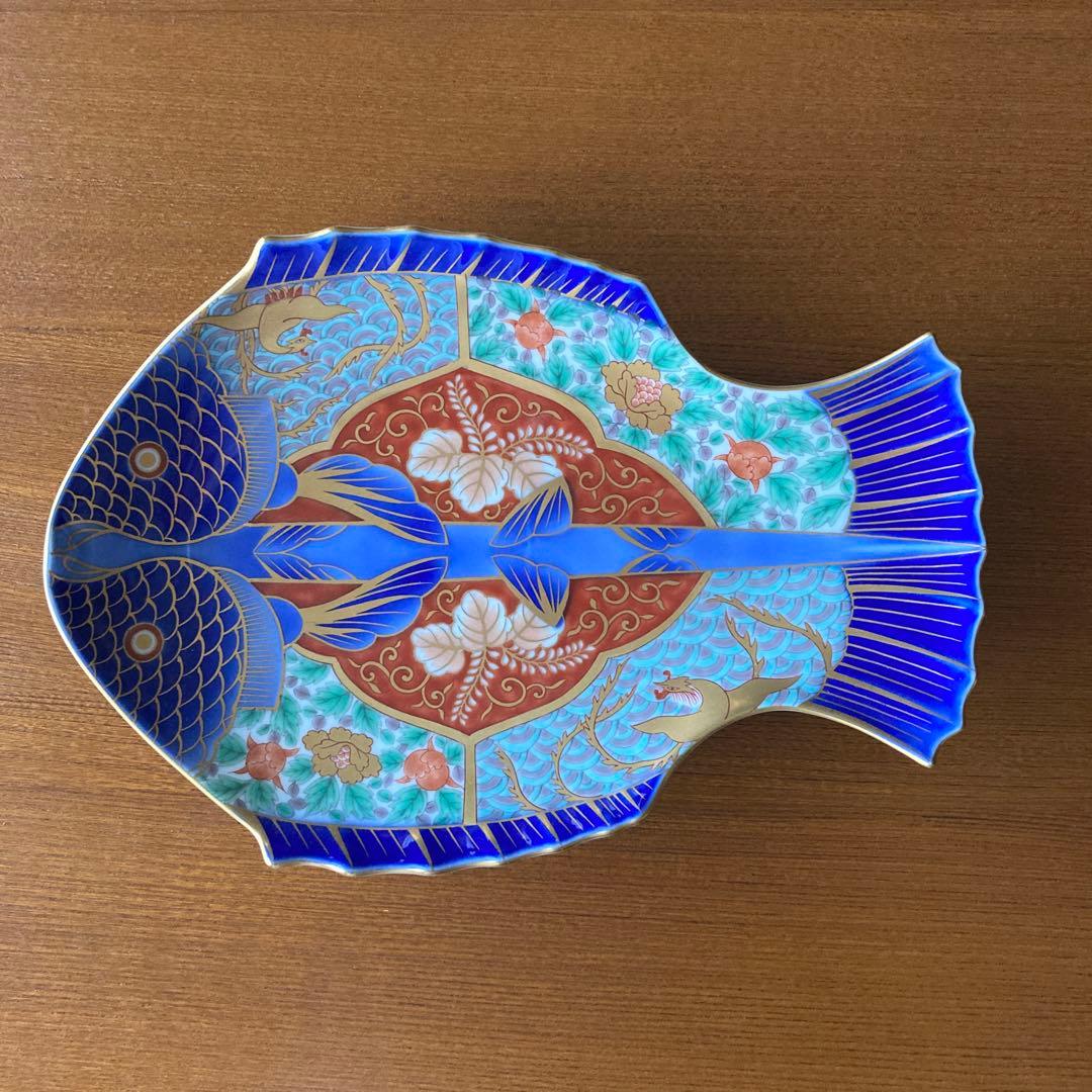 深川製磁　古伊万里鳳凰割地紋　魚型皿