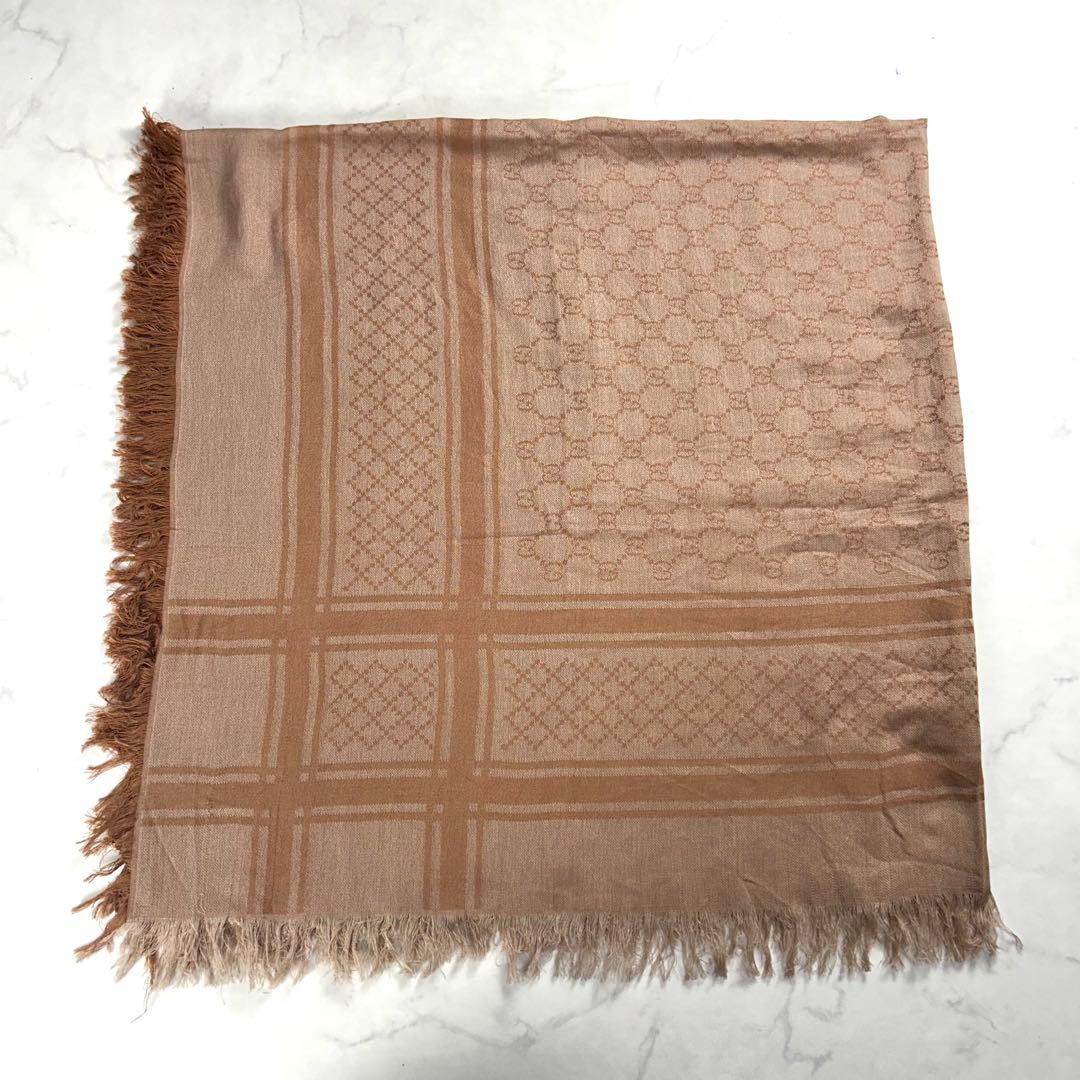 グッチ 大判 ショールストール GG柄 コットン100 フリンジ ピンク 総柄