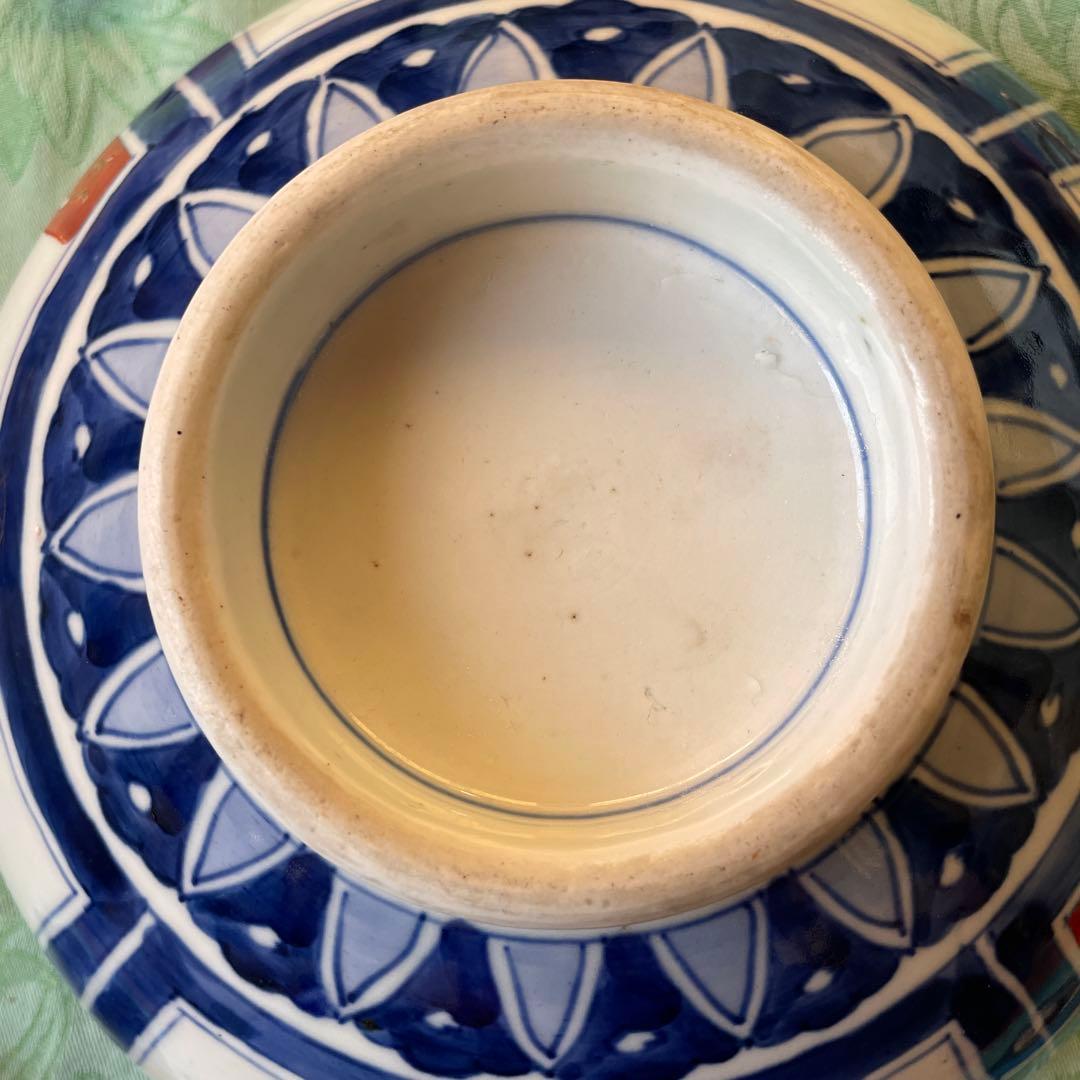 幕末明治　金彩　色絵　染付　獅子　牡丹　深鉢