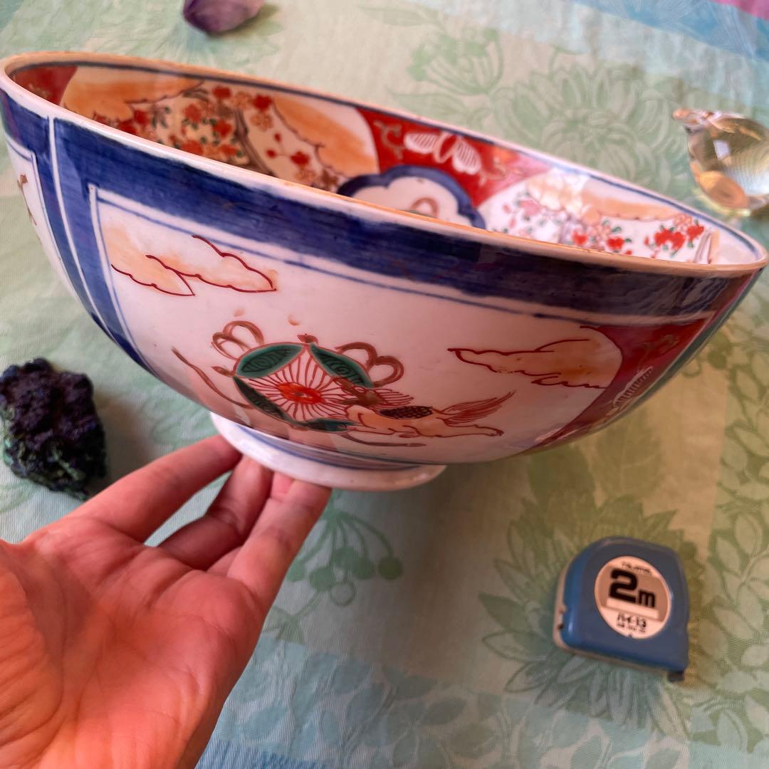 幕末明治　金彩　色絵　染付　獅子　牡丹　深鉢