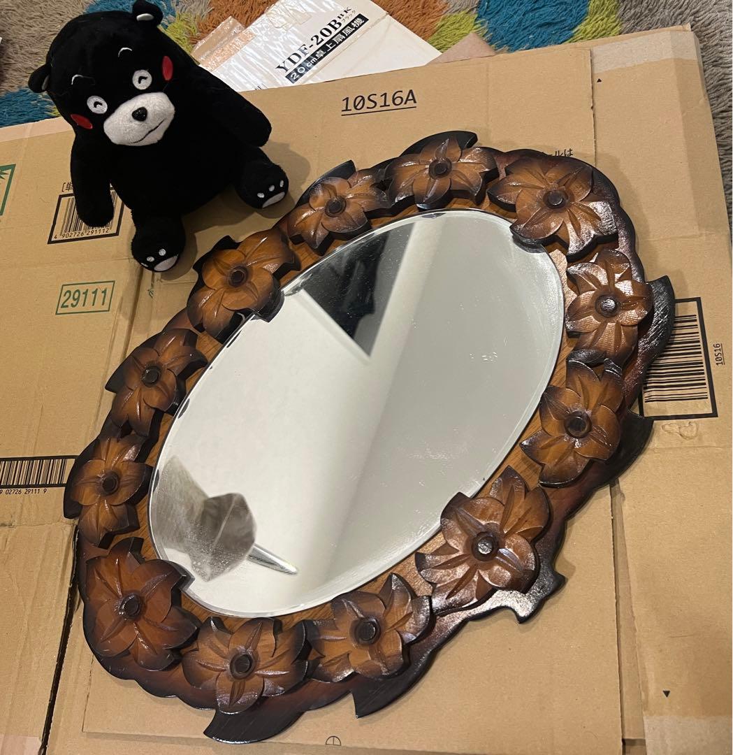 【送料込み！】ミラー　鏡　アンティーク　木製　掛け鏡