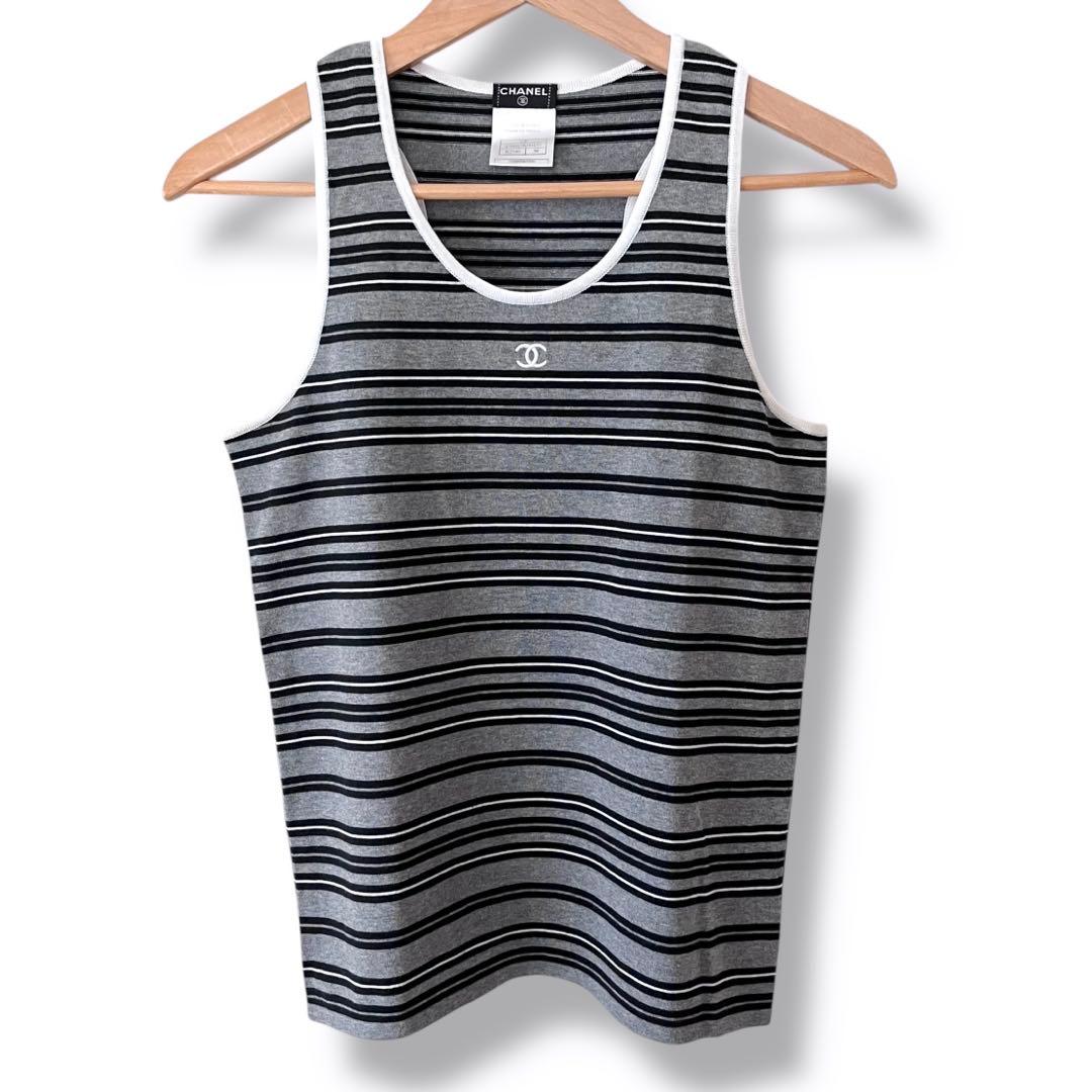 シャネル ココマーク ボーダー タンクトップ グレー 38 コットン