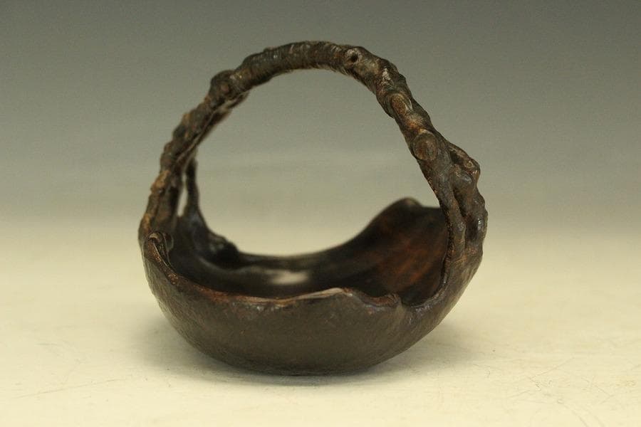 紫檀 刻 手付 皿 文房四宝 卓上飾 高7.8cm(HA490)