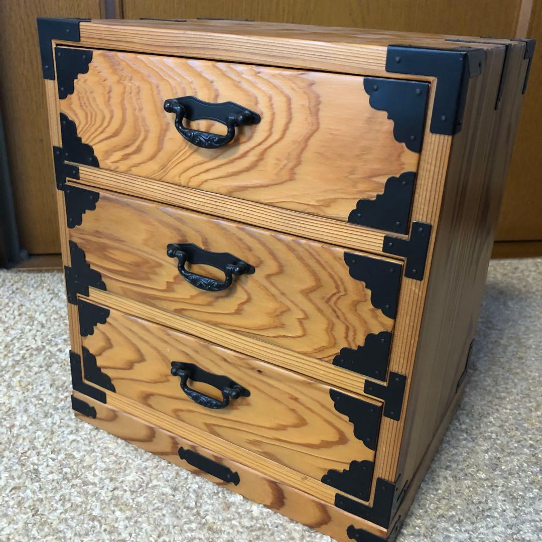 やなせ杉 木製三段引き出し 木箱 小物入れ 三段収納箱 アンティーク 古道具