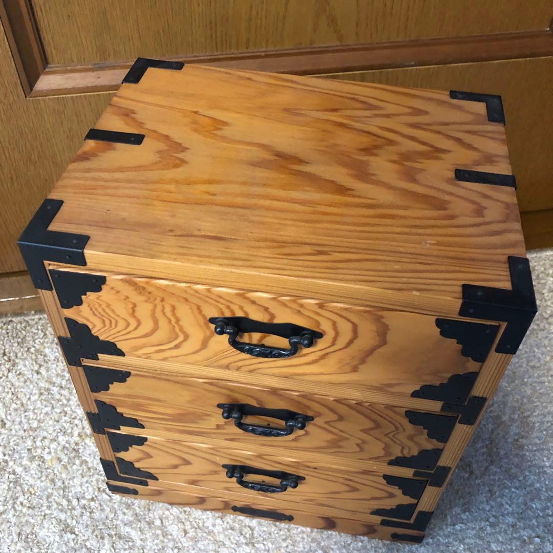 やなせ杉 木製三段引き出し 木箱 小物入れ 三段収納箱 アンティーク 古道具