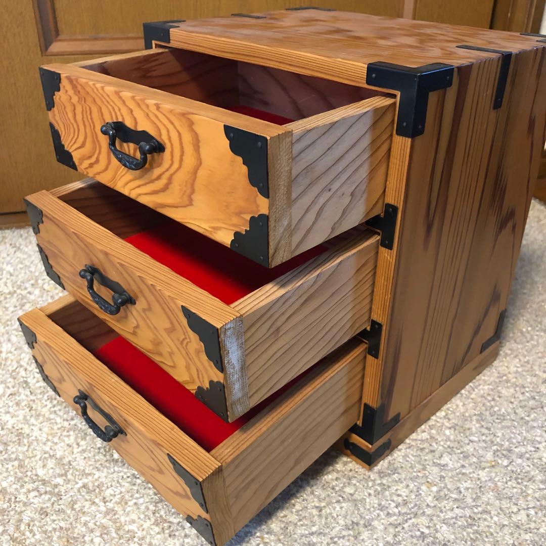 やなせ杉 木製三段引き出し 木箱 小物入れ 三段収納箱 アンティーク 古道具