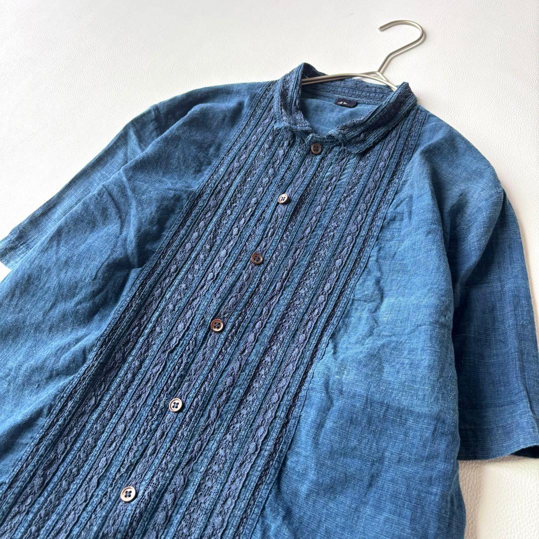 45R インドカディのレース四角ブラウス（藍）　半袖　サイズ2