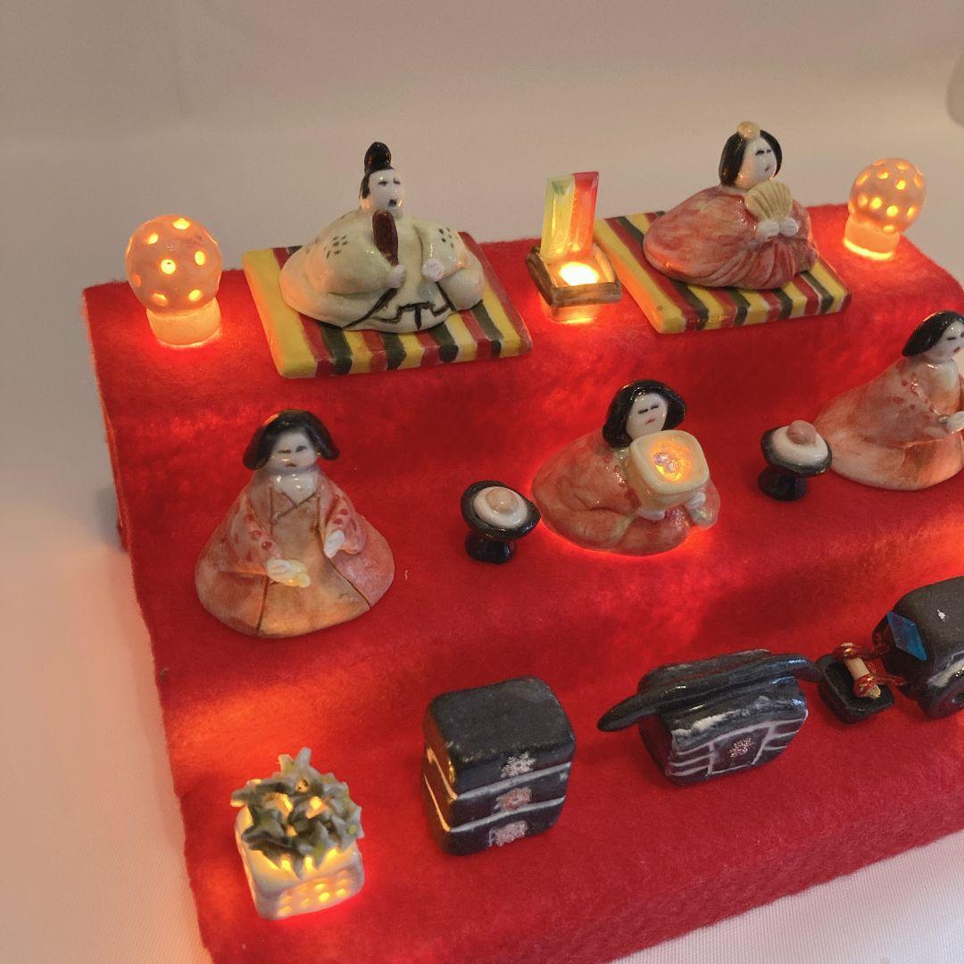 124 陶芸 ひな人形 陶器 三段飾り 雛人形 ひな祭り 手作り ライト付き