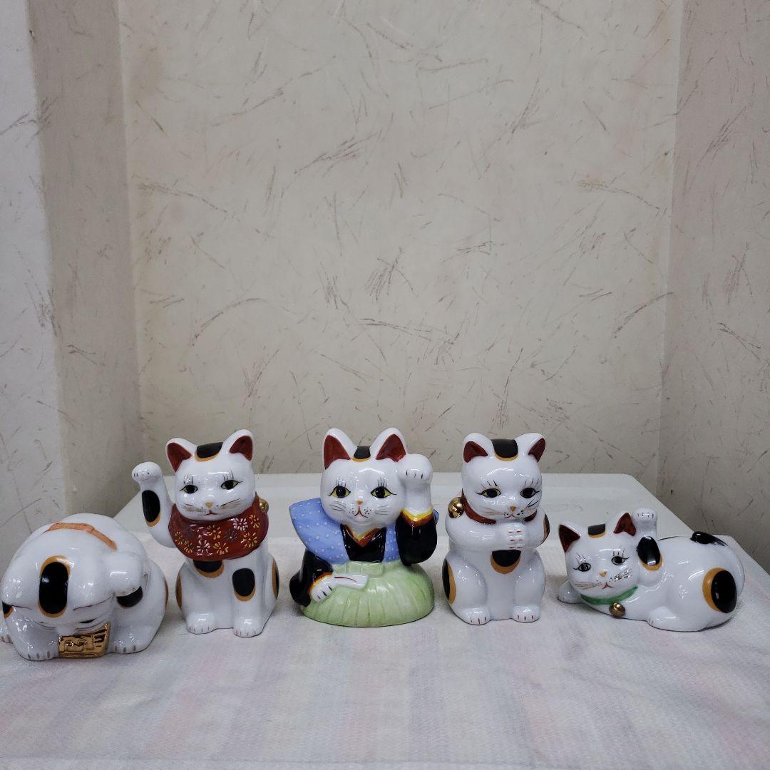 蔵出し　新品招き猫の陶器置物 伝統みけ猫 5体セット　手作り