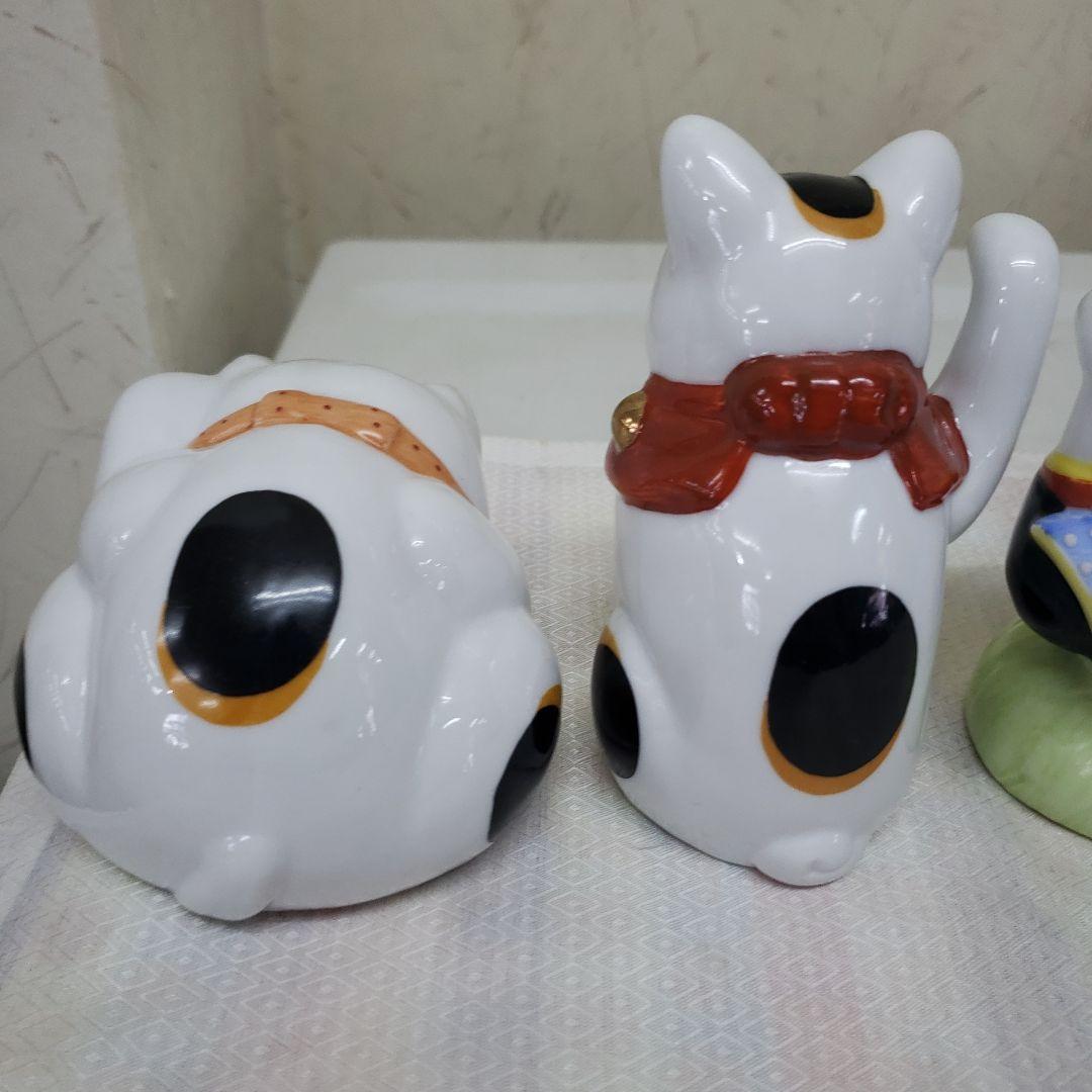蔵出し　新品招き猫の陶器置物 伝統みけ猫 5体セット　手作り
