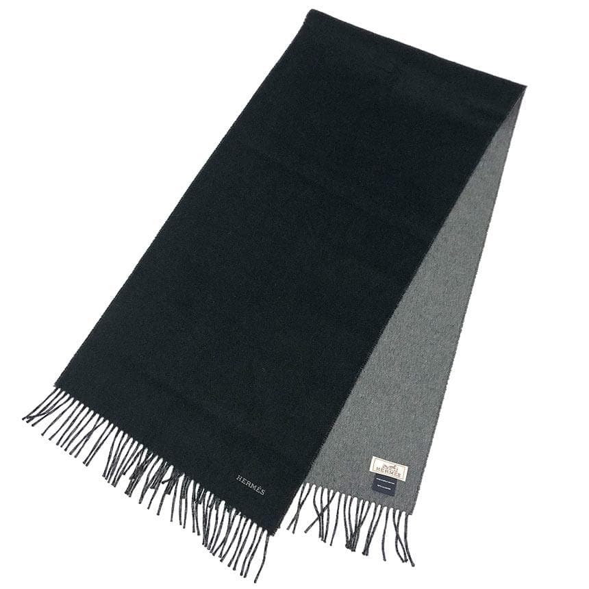 HERMES カシミヤ マフラー ブラック グレー aq12290