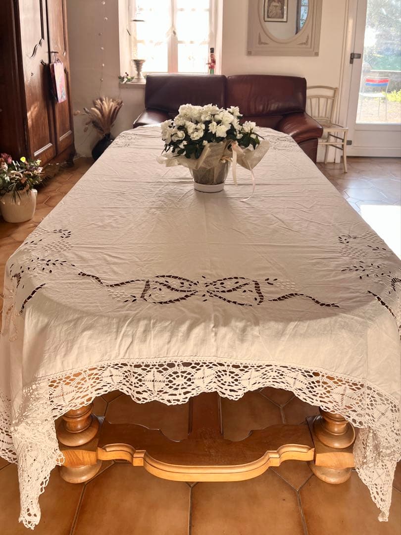 ◆フランスアンティーク｜手刺繍大判マルチクロスベットカバー白カーテンリボンレース