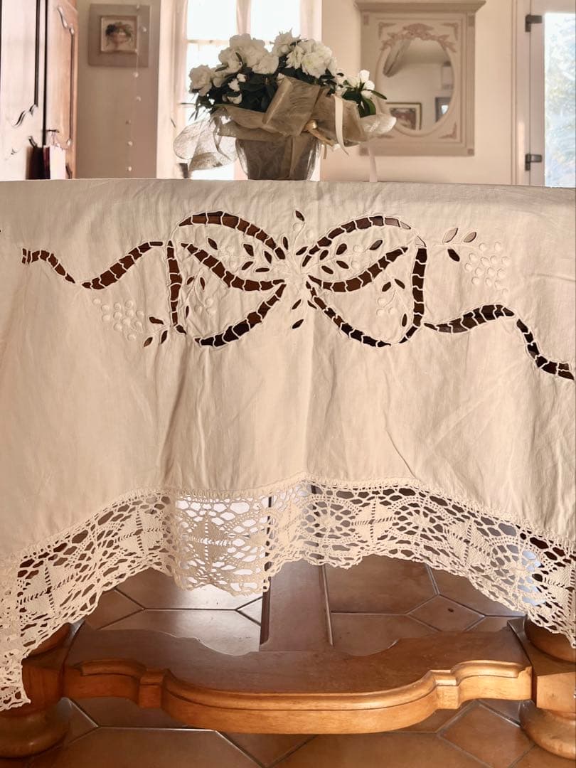 ◆フランスアンティーク｜手刺繍大判マルチクロスベットカバー白カーテンリボンレース