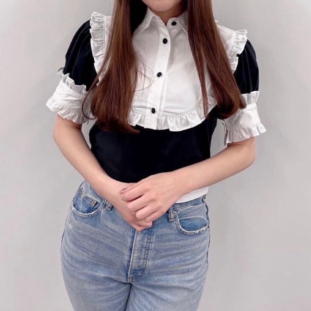 JILTU♡フリルブラウス ブラック/ホワイト 半袖