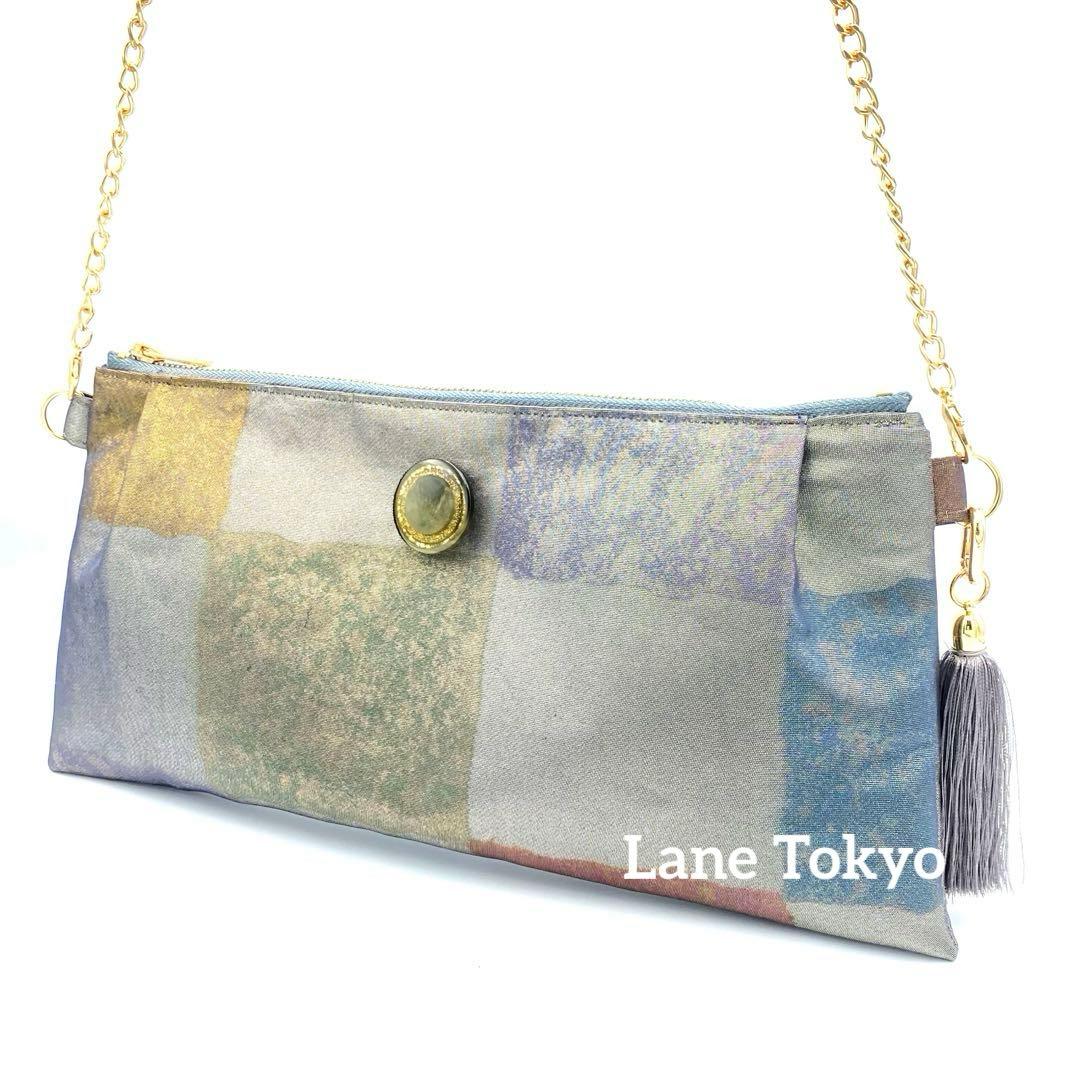 メタリックシルバー　正絹帯リメイクバッグ市松　横長ショルダー&クラッチ2ウェイ