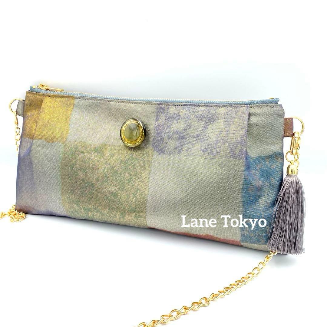 メタリックシルバー　正絹帯リメイクバッグ市松　横長ショルダー&クラッチ2ウェイ