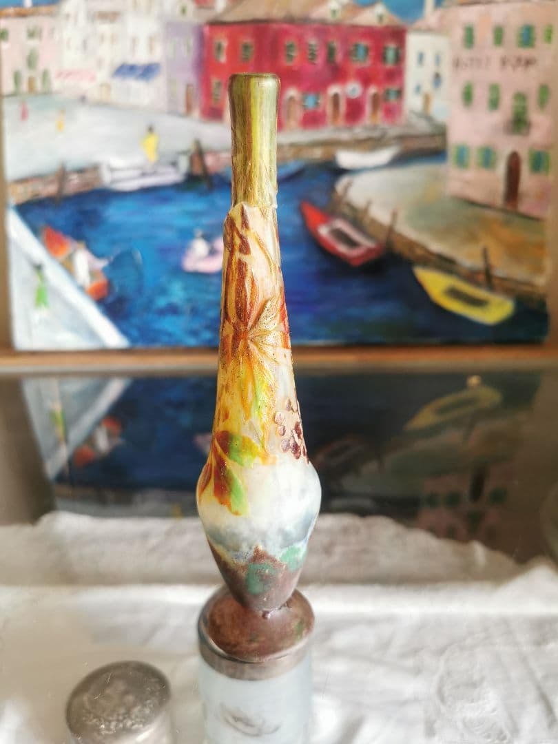 アンティークドームナンシー 木の実 色被せガラス 異色熔込花瓶 パートドヴェール