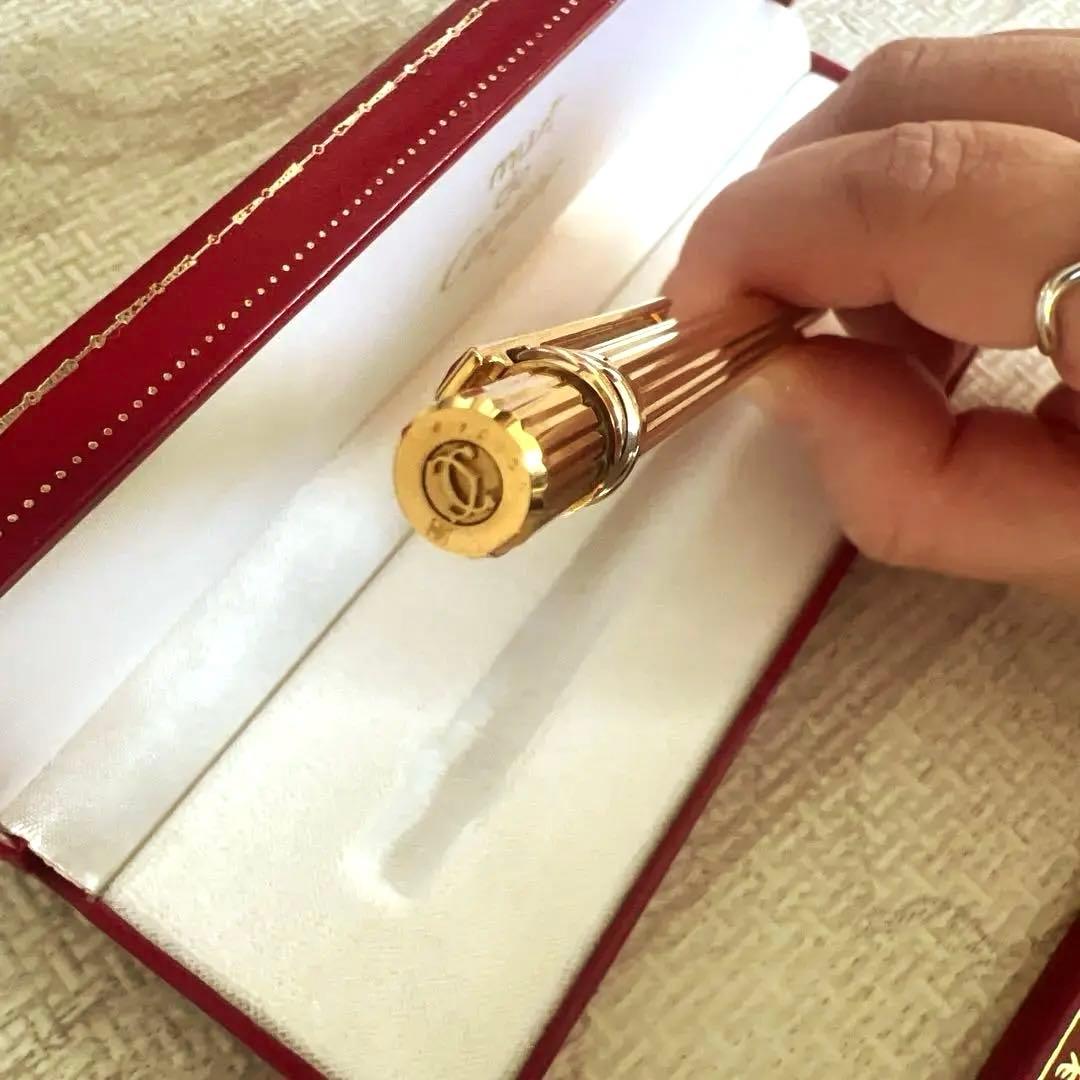 【美品】カルティエ　ボールペン　トリニティ　ゴールド　青インク　ストライプ