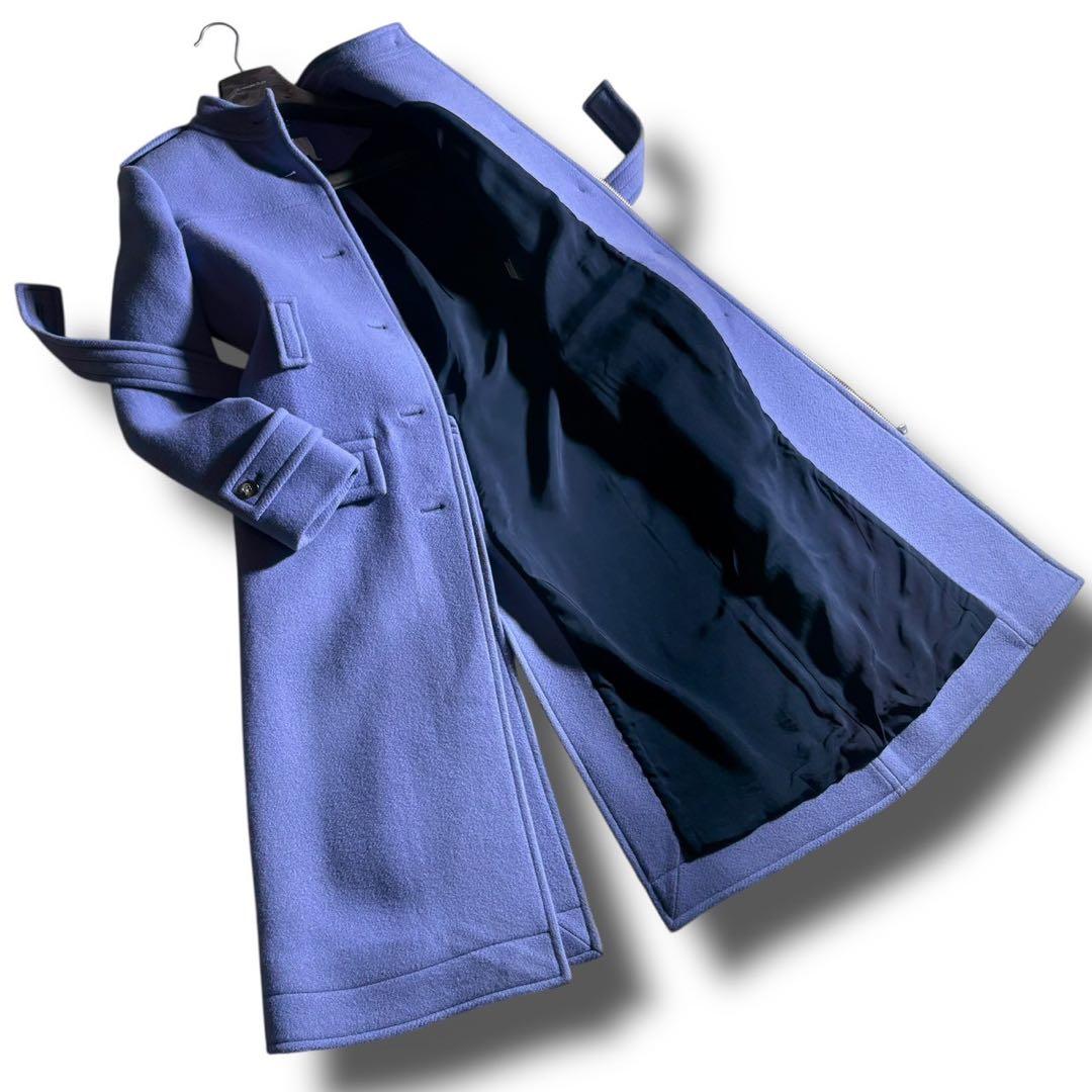 美品 Chloé スタンドカラー ベルデッドウールコート くすみブルー クロエ