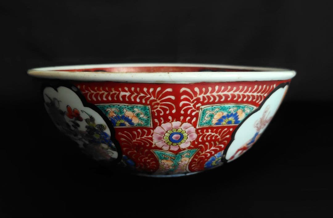 古伊万里　大鉢　赤絵花鳥　直径約24.4cm　二重高台　幕末明治〜　紫陽花　骨董