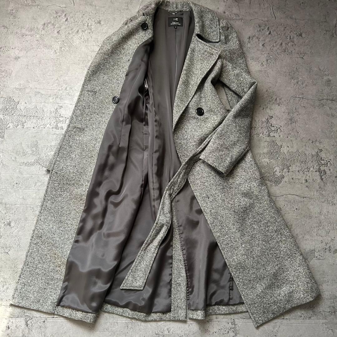 未使用級 23区 カシミヤ混 ツイード ロングコート ダブル グレー ベルト