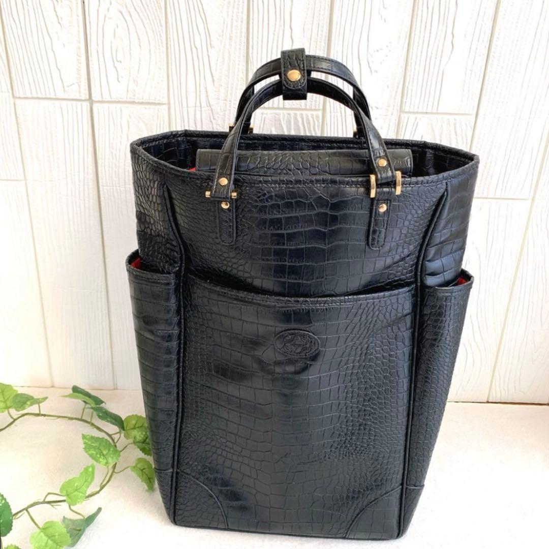 極美品【SWANY スワニー】クロコ型押し トート キャリーバッグ Lサイズ